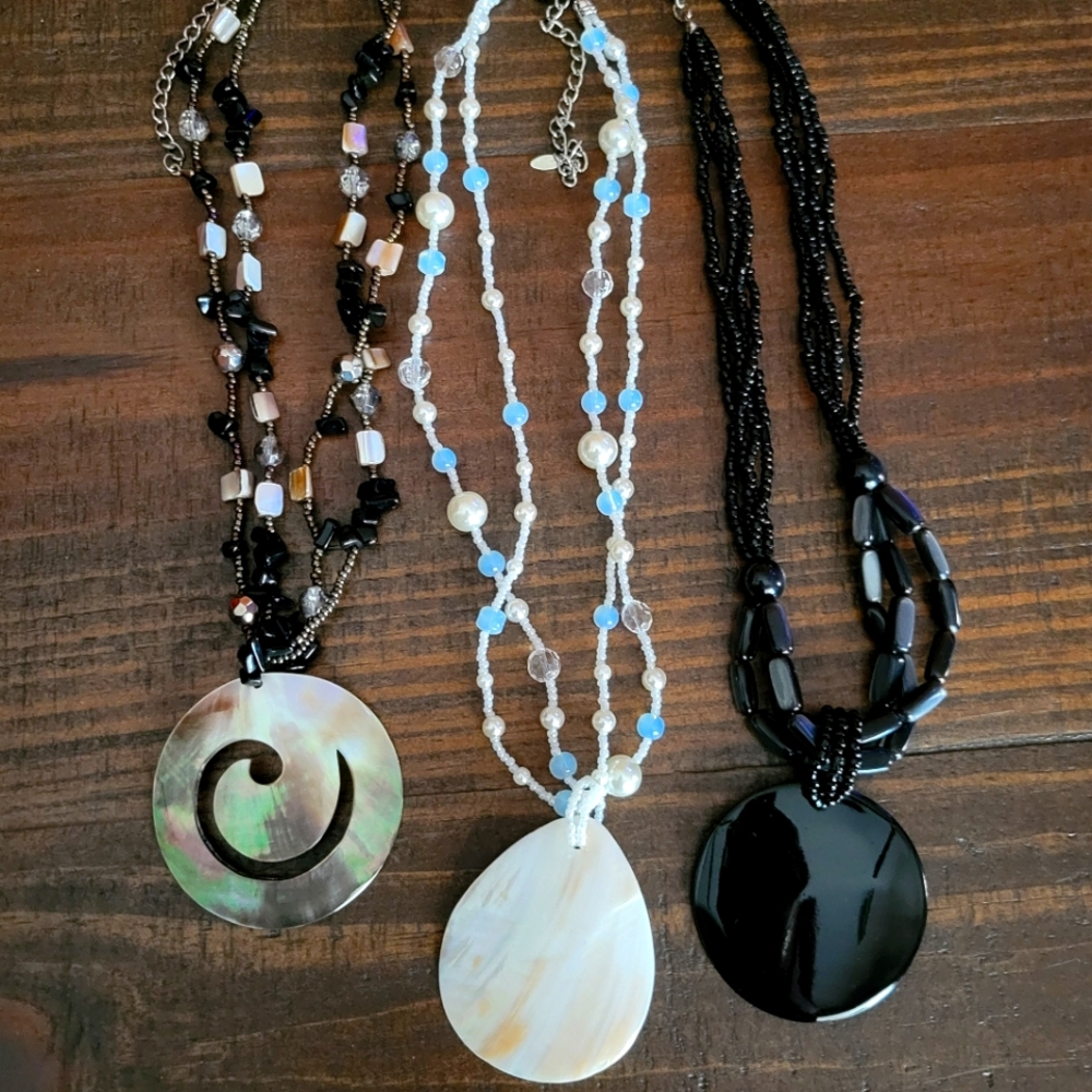 Shell and bead multi strand necklace lot of 3 in black gold white ivory blue